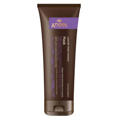Lavender violet hair mask in a brown plastic squeeze tube with purple Angel label
