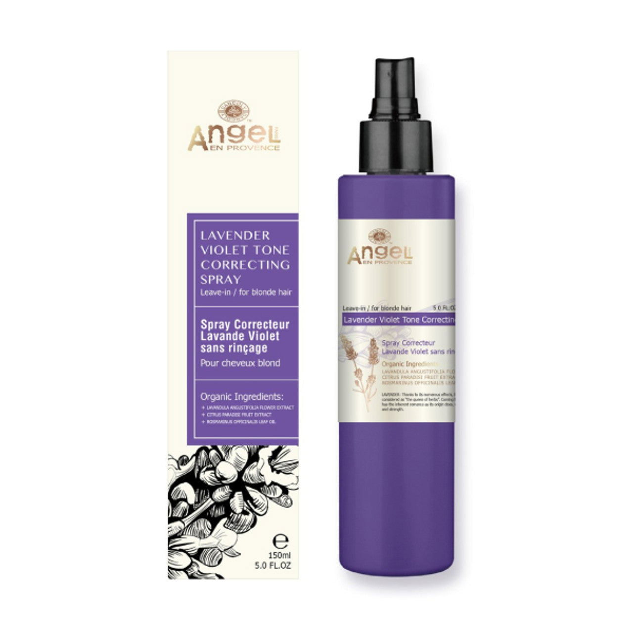 Lavender violet tone correcting leave-in spray bottle with pump, 150 ml, and product box