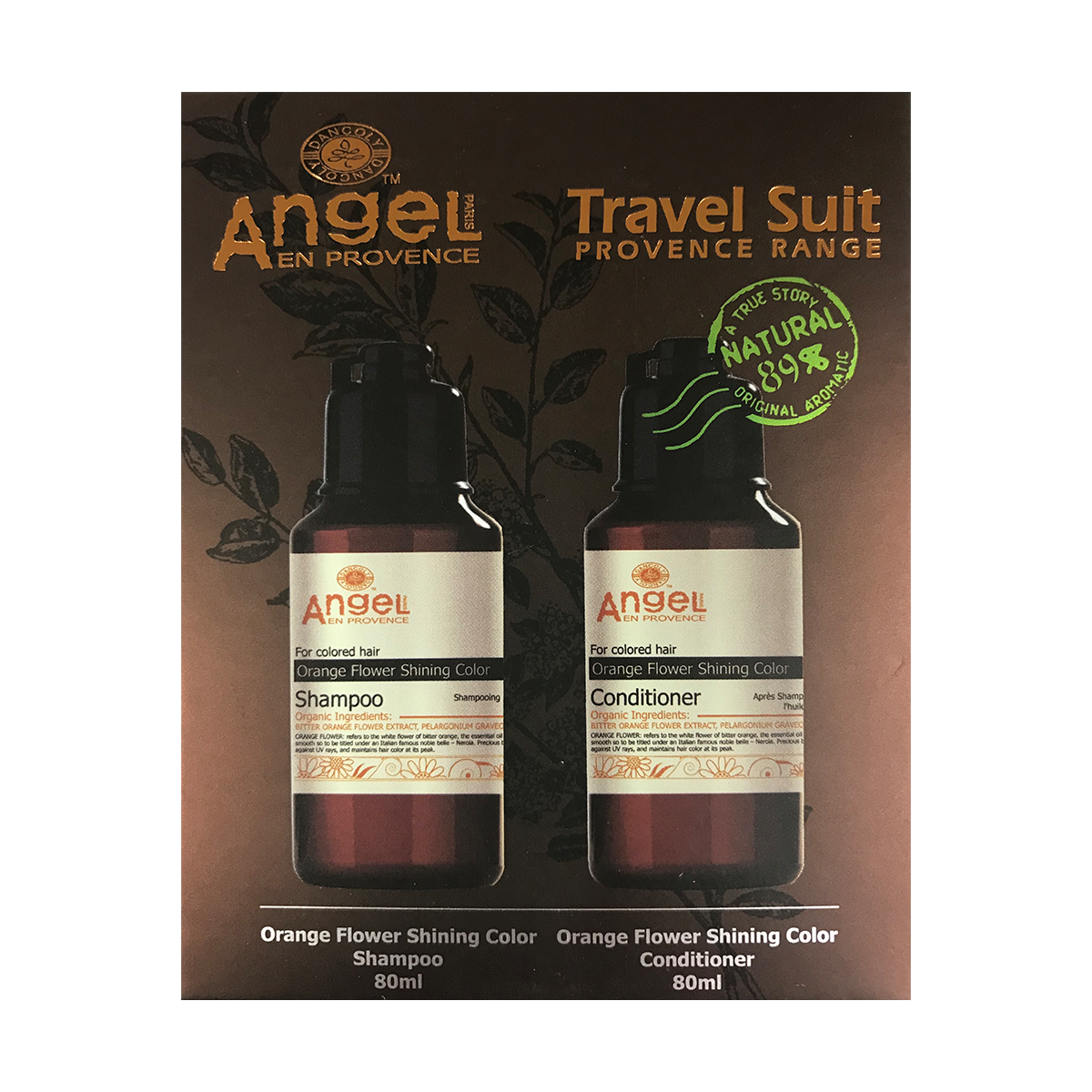 Angel Orange Flower Shining Color travel pack: two dark bottles, shampoo and conditioner