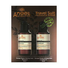 Angel Orange Flower Shining Color travel pack: two dark bottles, shampoo and conditioner