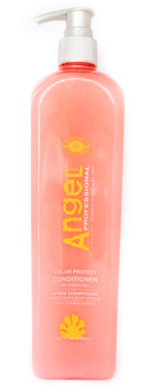 Angel color protect conditioner bottle with pink liquid, pump dispenser