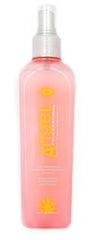 Pink leave-in hair spray bottle with pump, yellow Angel logo and label.