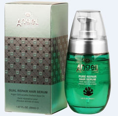 Hair serum bottle with dual repair box; green serum in clear plastic cap