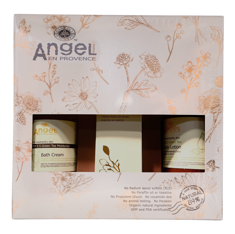 Angel body care gift pack box with green tea, floral print window