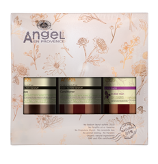 Floral hair care gift pack with three Angel En Provence bottles and labels