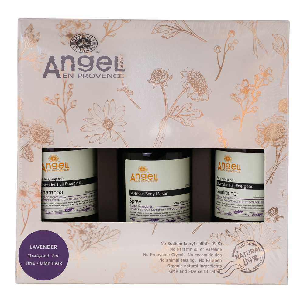 Lavender hair care gift pack with three bottles in floral box