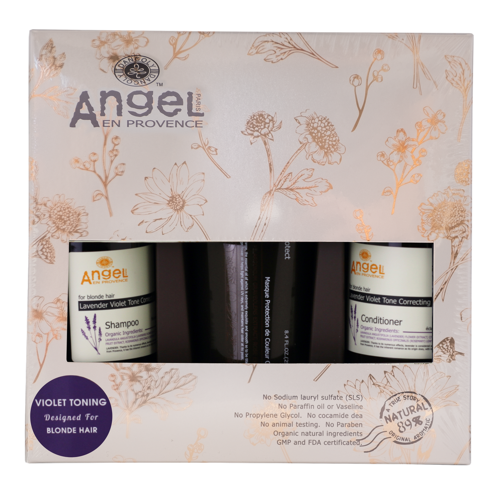 Hair care gift pack box with lavender violet shampoo and conditioner bottles