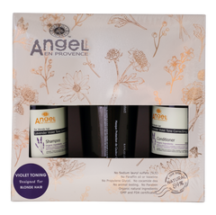 Hair care gift pack box with lavender violet shampoo and conditioner bottles