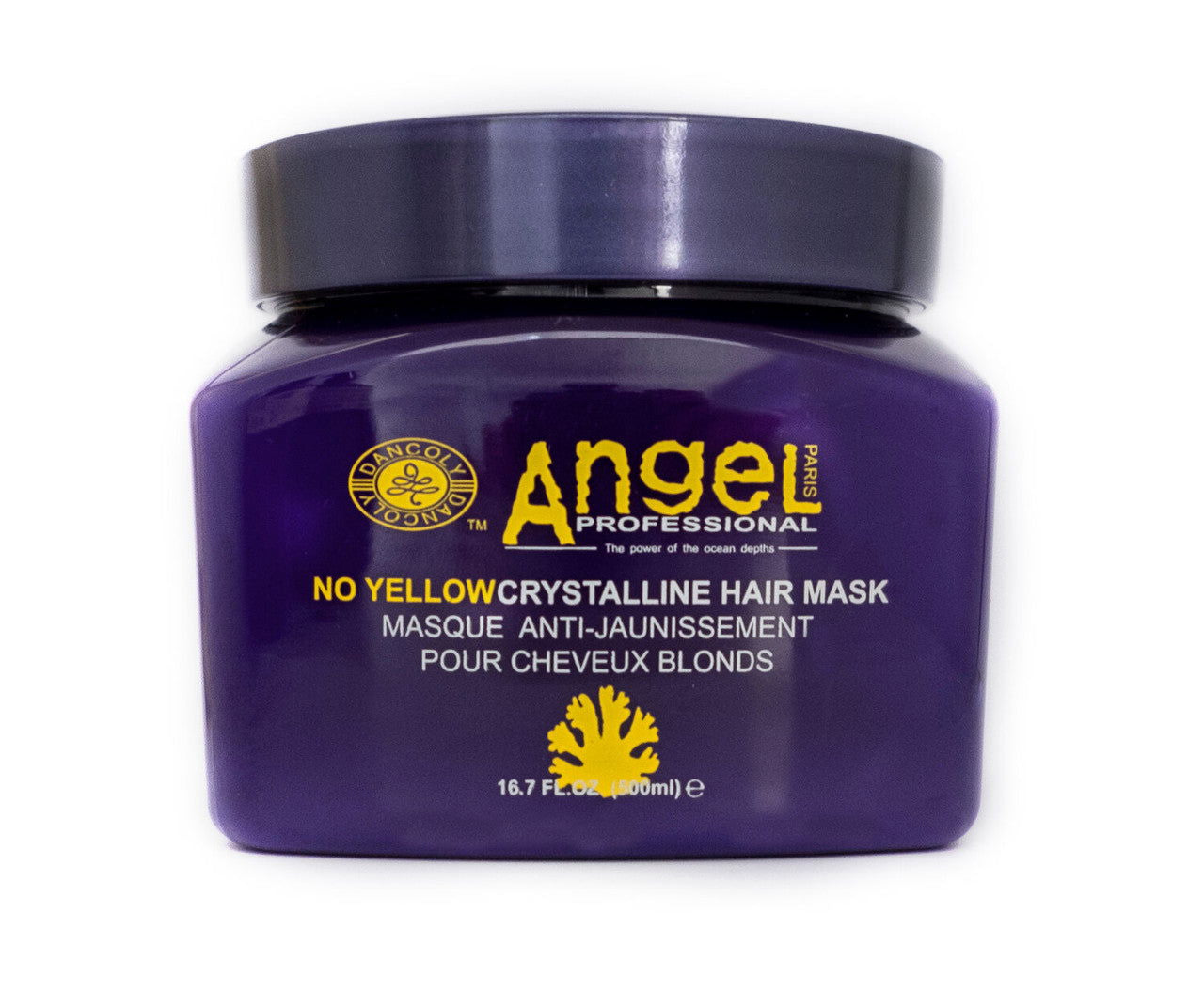 Purple hair mask jar with black lid, Angel Professional lettering