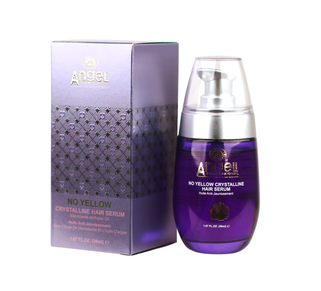 Purple hair serum bottle with pump and matching box, no yellow crystalline formula
