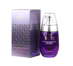 Purple hair serum bottle with pump and matching box, no yellow crystalline formula