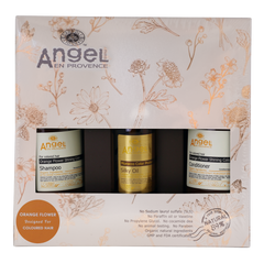 Hair care gift set box with orange flower shampoo, conditioner, and silky oil