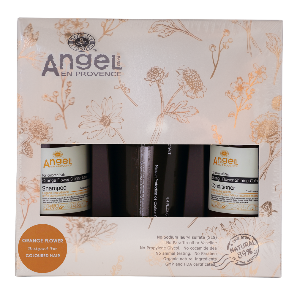 Angel En Provence orange flower hair care gift pack with shampoo and conditioner bottles