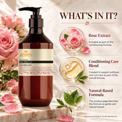 Rose extract curl conditioner pump bottle with black dispenser and Angel branding