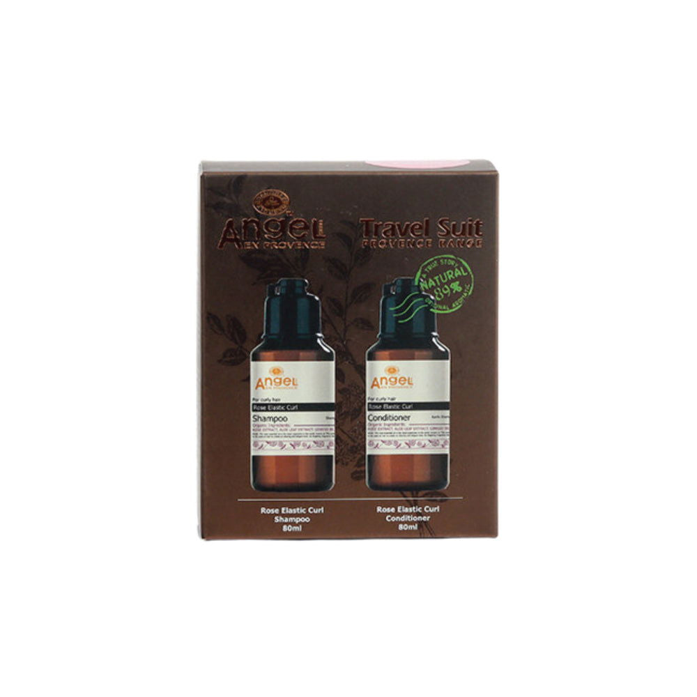Travel-size shampoo and conditioner duo with rose elastic curls labels