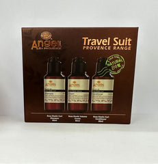 Travel toiletries set with three Angel Rose bottles in brown gift box