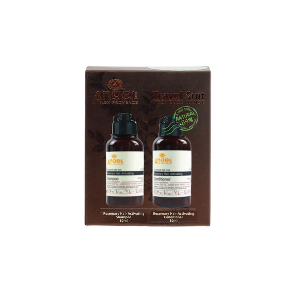 Hair care travel set with rosemary shampoo and conditioner bottles