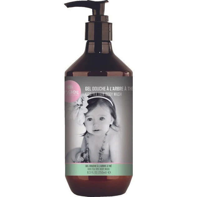 Kids body wash bottle with amber pump, tea tree label and child graphic, 250 ml
