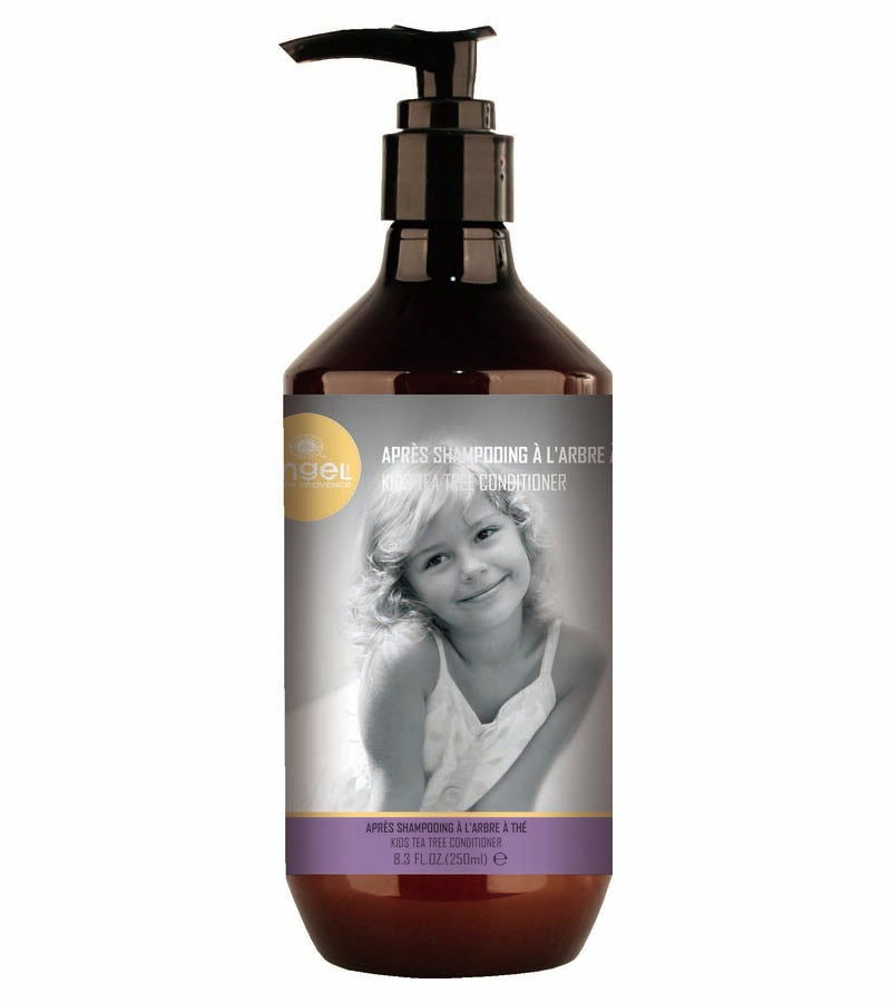 Angel tea tree kids conditioner bottle, pump, brown glass with portrait label