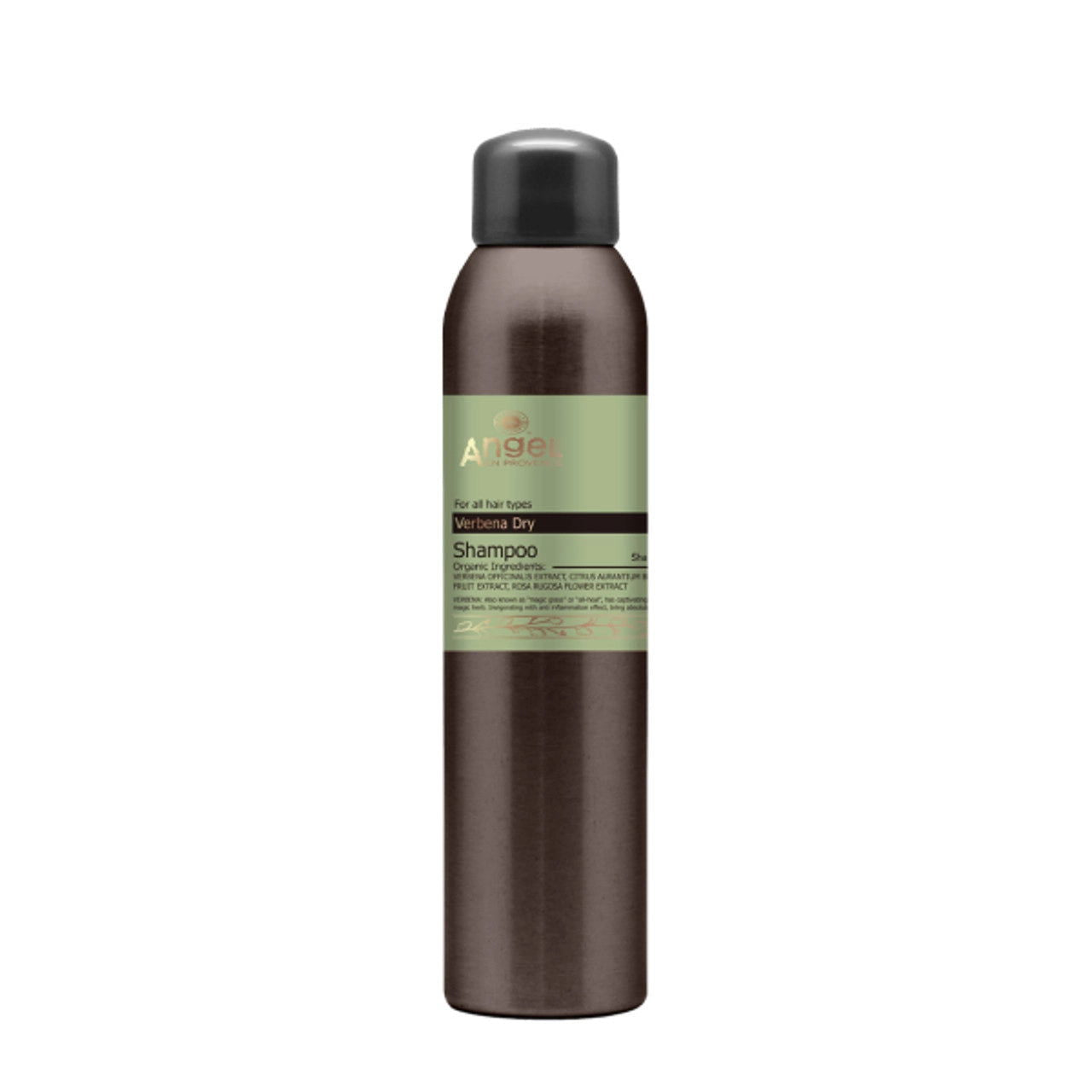 Angel Verbena dry shampoo bottle, 200 ml, dark brown with black cap