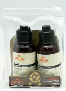 Two small amber and clear bottles with pump tops in a clear zip pouch