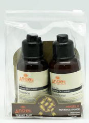 Two small amber and clear bottles with pump tops in a clear zip pouch