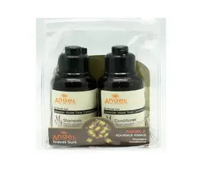 Hair care travel duo with two small amber bottles in clear zip pouch
