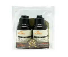 Hair care travel duo with two small amber bottles in clear zip pouch