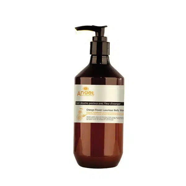 Orange flower body wash bottle with black pump dispenser, amber bottle container