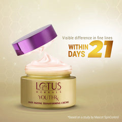 Anti-ageing transforming cream jar with purple cap beside it and pink cream top