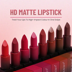 HD matte lipstick set showing multiple shades with capped bullet tubes