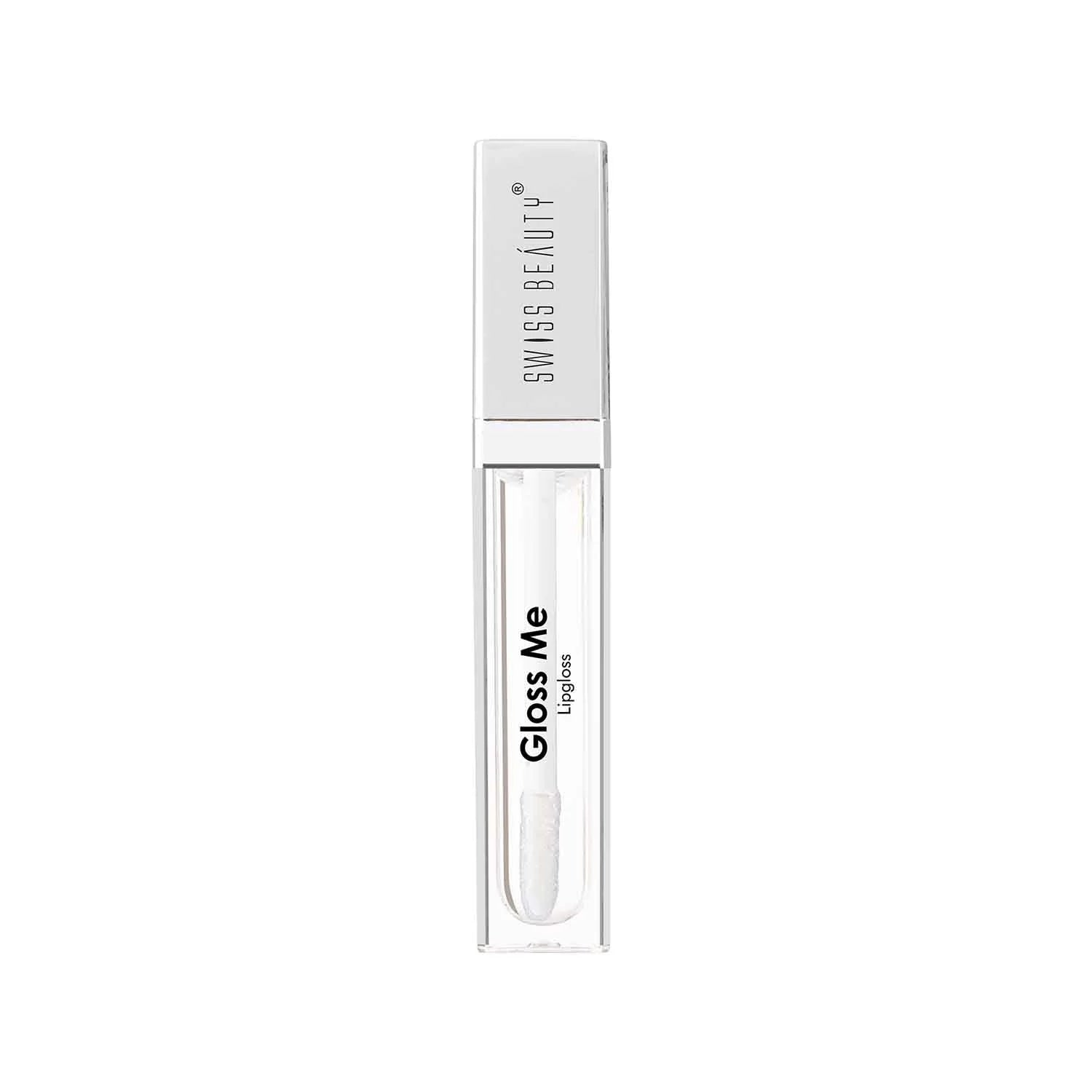 Swiss Beauty Gloss Me lip gloss in clear tube with doe-foot applicator, transparent