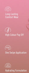 Matte lipstick features icons on a plain card, including long-lasting wear