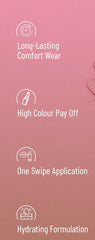 Matte lipstick feature icons: long-lasting comfort, high colour payoff, hydration