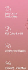 HD matte lipstick feature icons for long-lasting comfort and one swipe application