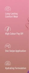 Lip color benefits panel with four circular icons for comfort and application