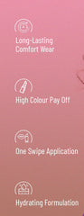 HD matte lipstick product graphic with icons for long-lasting comfort and high color payoff