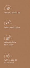 Lip gloss benefit icons: shiny, fuller-looking, lightweight, jojoba oil & glycerine
