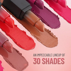 Matte lipstick swatches: bright red, mauve, brown, and plum tones