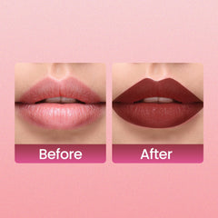 Lip swatch on lips showing natural nude matte color