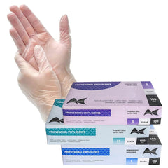 Clear powder-free vinyl gloves, small size, with product boxes