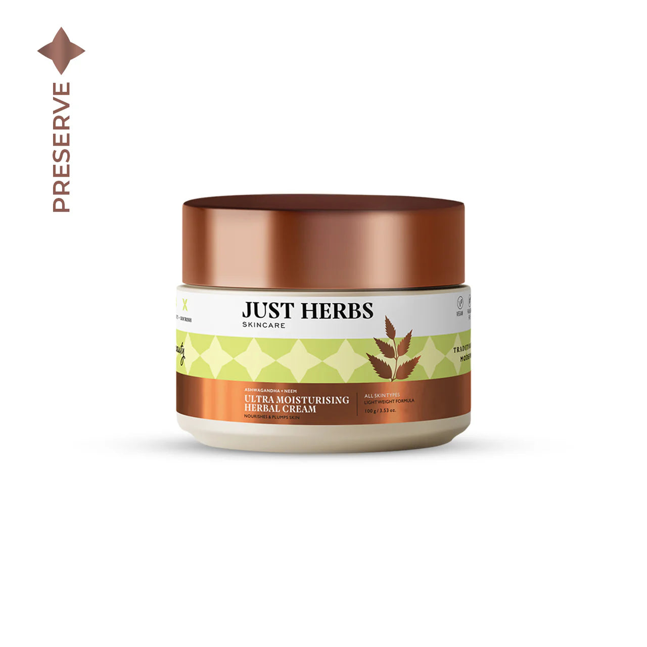 Ultra moisturising herbal cream jar with brown lid and green leaf label
