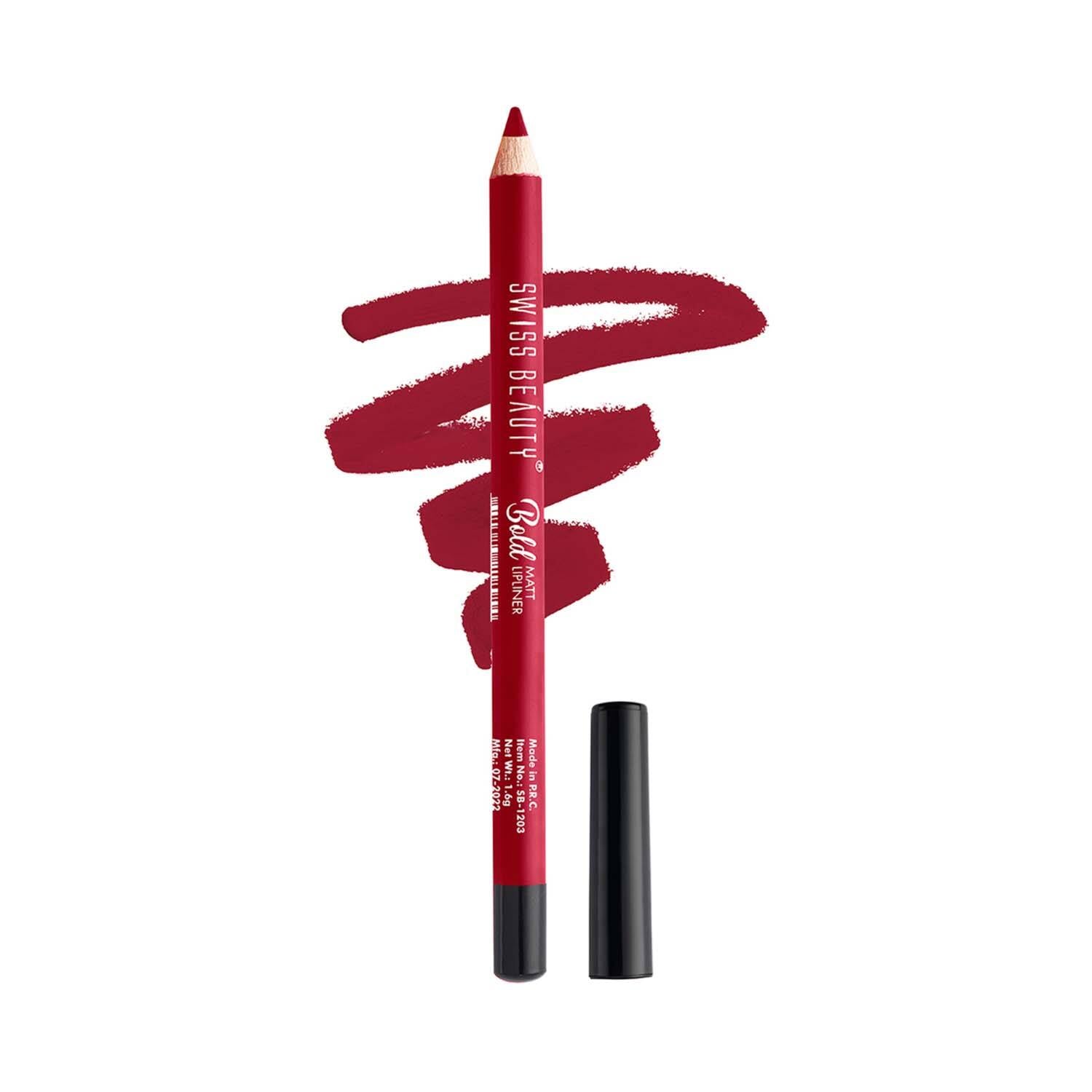 Maroon bold matt lip liner pencil with attached tip, plus black cap