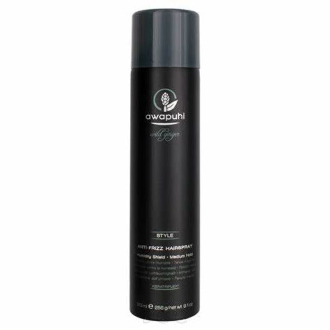 Awapuhi anti frizz hairspray bottle with black pump top and label