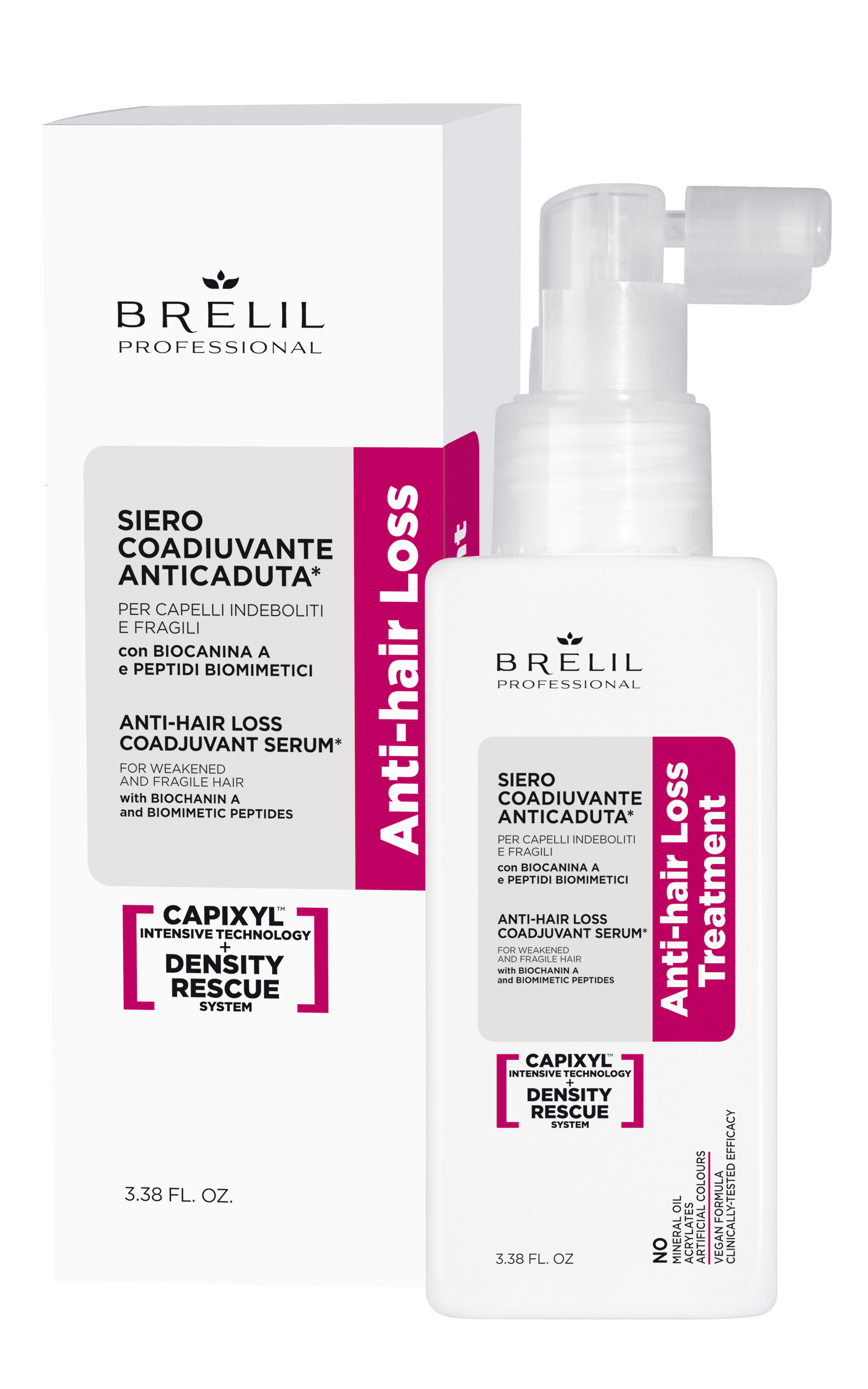 Brelil anti-hair loss coadjuvant serum bottle with pump, beside product box, 100 ml