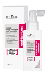 Brelil anti-hair loss coadjuvant serum bottle with pump, beside product box, 100 ml