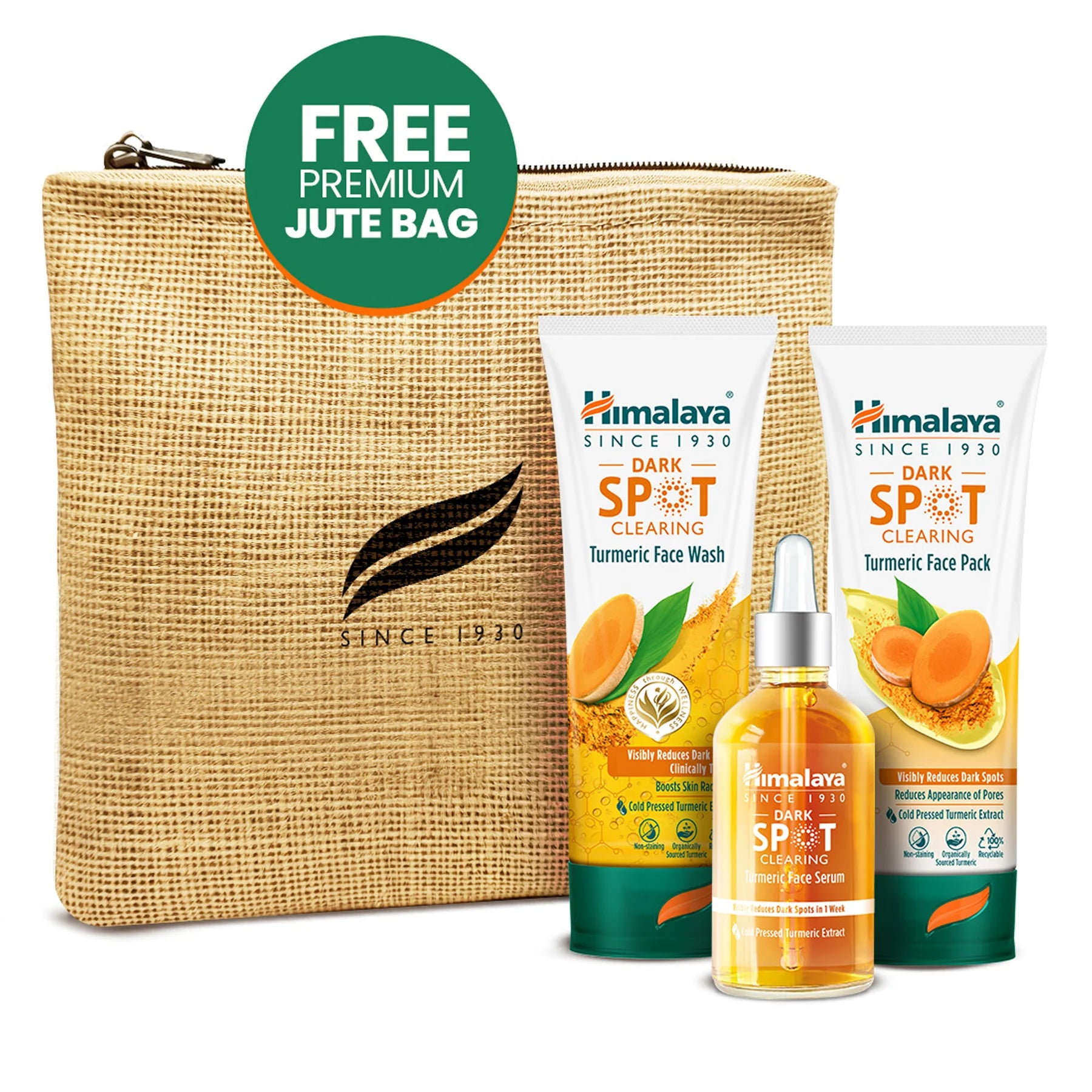 Turmeric dark spot clearing kit with face wash, face pack, serum, and jute bag