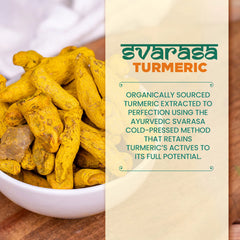 Turmeric kit pouch with turmeric roots in a white bowl