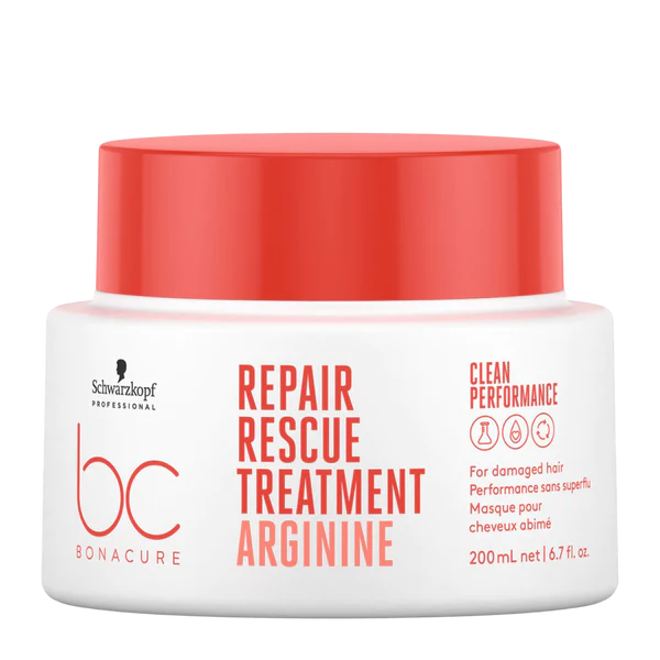 Hair repair rescue treatment jar, orange cap, white bottle; Repair Rescue Treatment Arginine, 200 ml