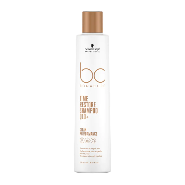 Shampoo bottle with white label, beige cap—BC Bonacure Time Restore, 250 ml